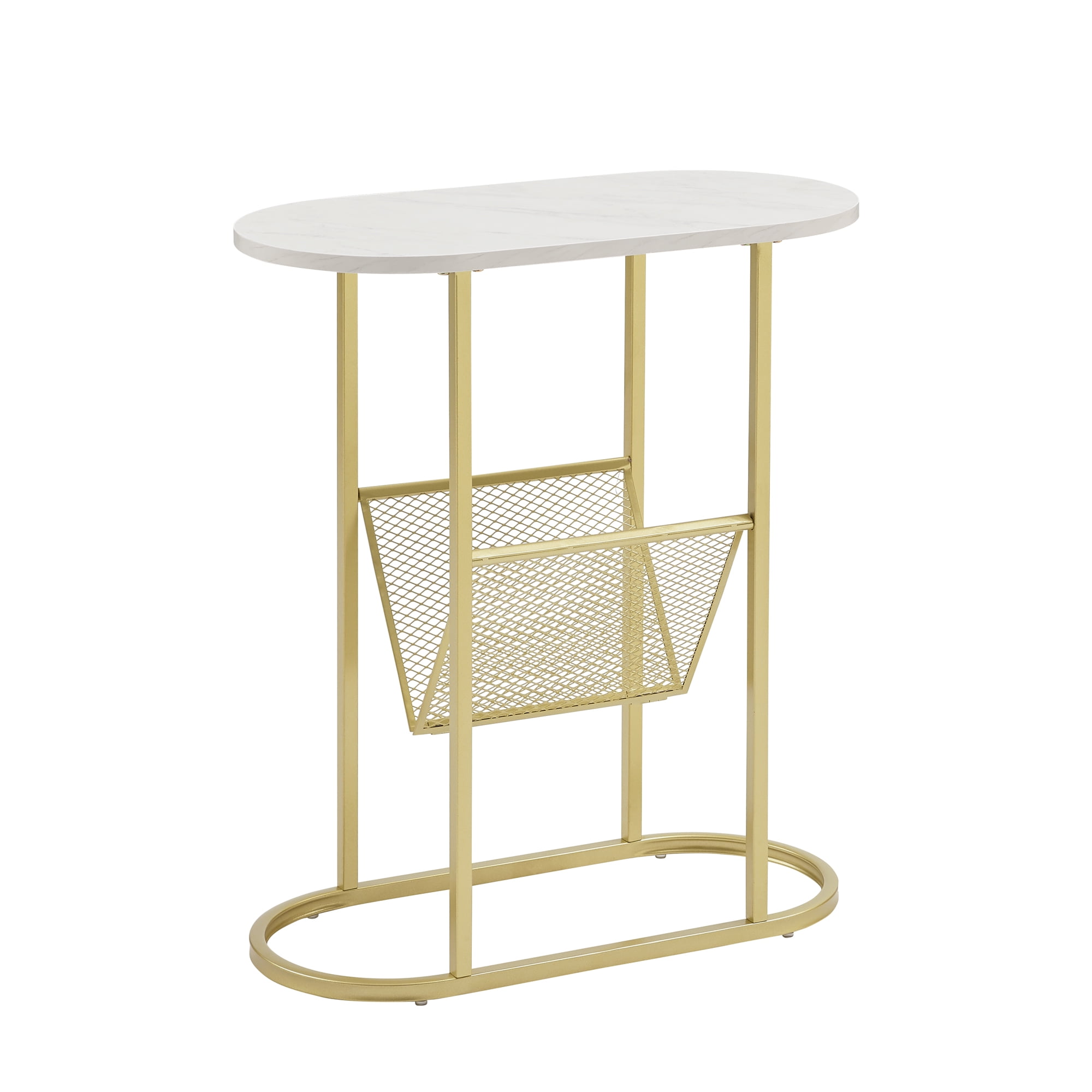 Manor Park Modern Magazine Rack Oval End Table, Faux White Marble/Gold
