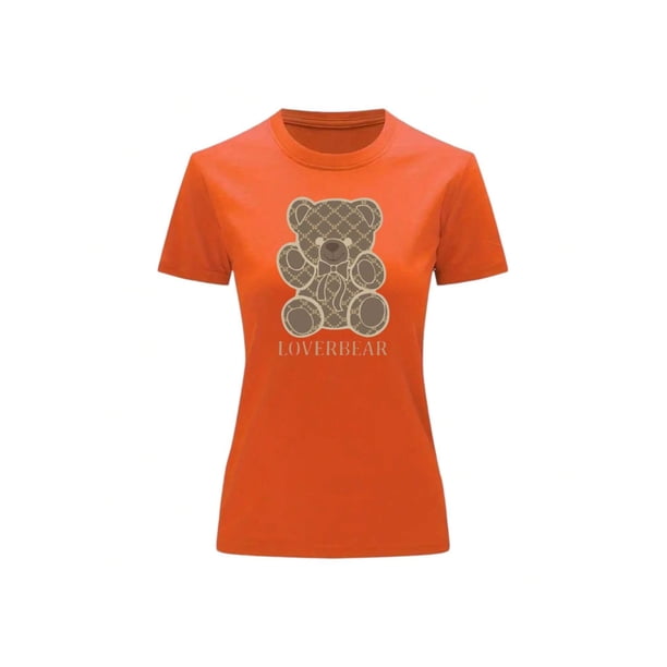 Playera Blusa Con Impresion De Oso LoverBear Con Fondo De Dinero Ropa De Mujer Juvenil Color Anaranjado Talla Chica Marca Emil SaEs