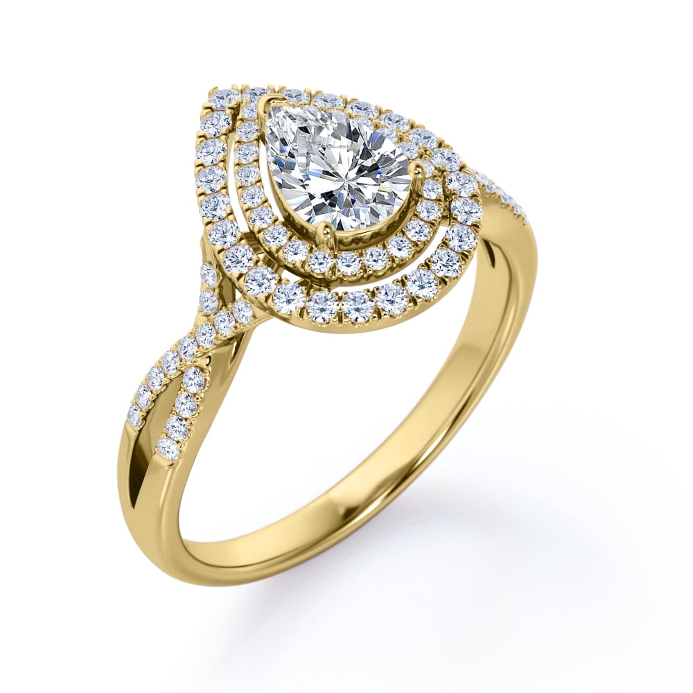 JeenMata 1 Carat Pear Shape Moissanite - Infinity Twisted Shank - Duo Halo Cluster Engagement Ring - 18K Yellow Gold Plating for Women