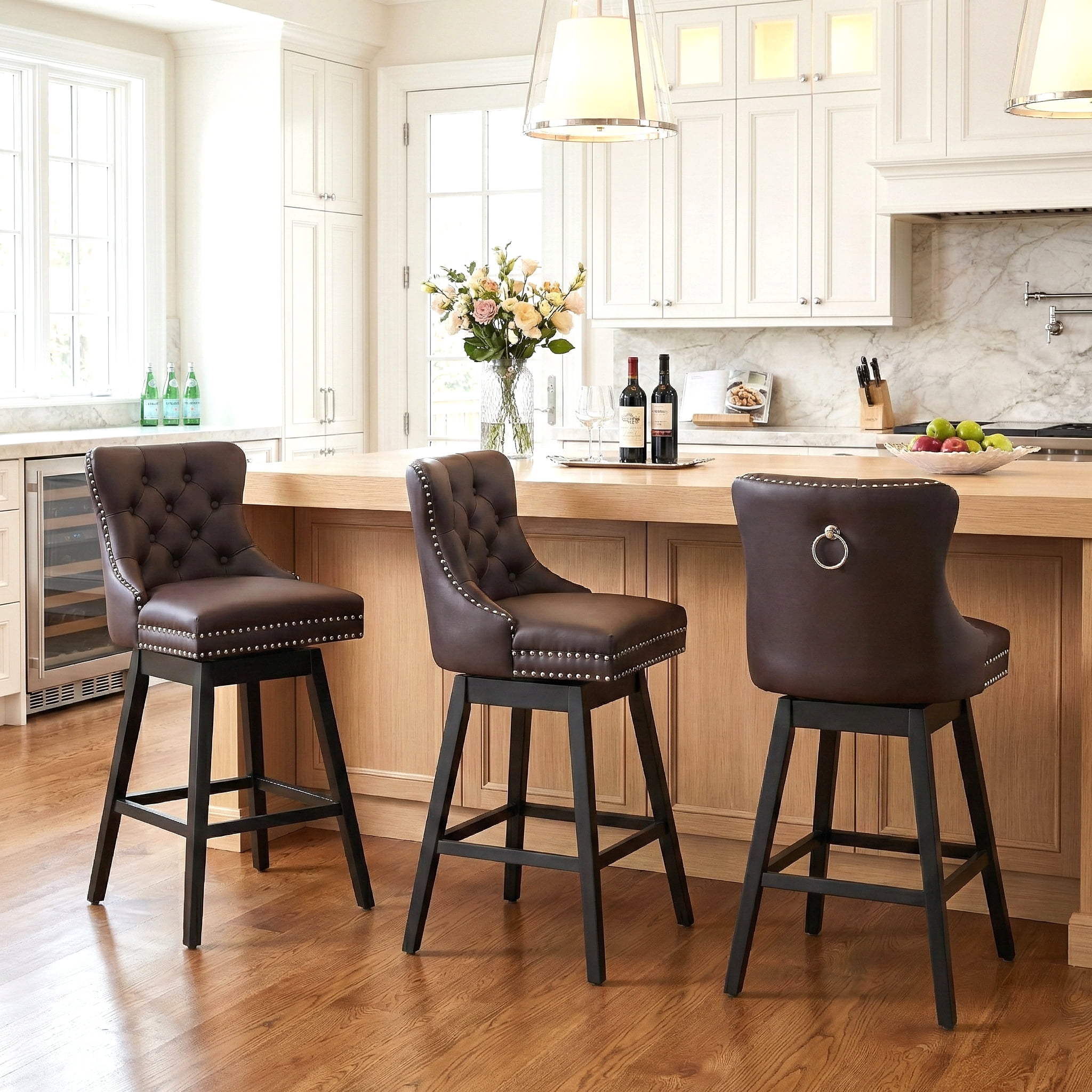TEWLOSS Swivel Bar Stools Set of 3, 30" Bar Height Faux Leather Chairs with Back for Home Bar, Brown