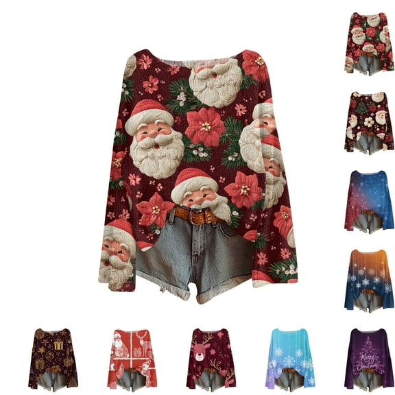 Women's Round Neck Lightweight Sweater Casual Long Sleeve Christmas Print Knit Pullover for Fall and Winter, Cozy and Festive, Ideal as Christmas Sweaters for Women and Christmas Gifts,Blue,Size L