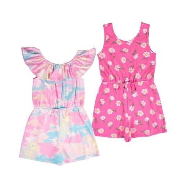 Zunie Girl Girl's 2-Pack Soft Knit Sleeveless Easy Fit Rompers (Pink Floral/Unicorn, XS (4/5))