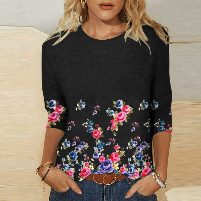 Hauts à Manches 3/4 pour Femmes, Mode Imprimée de Pâques, T-shirt Ample Mi-Longue, Blouse à Manches 3/4, Col Rond, Décontracté, Été 2023, en Solde