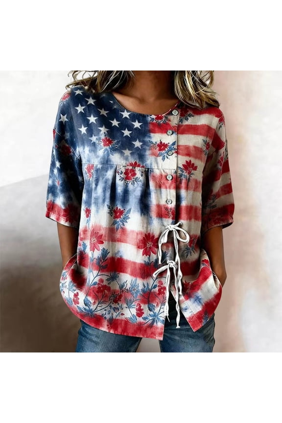 4th of July Shirts for Women, 250th Anniversary USA 1776-2026 Shirt, Summer Casual Tie Knot Front Patriotic American Flag Graphic Tees Tops