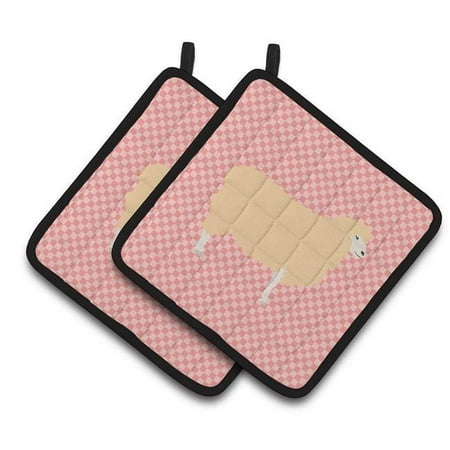 

English Leicester Longwool Sheep Pink Check Pair of Pot Holders - Pink
