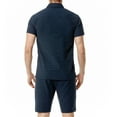 thumbnail image 4 of REORIAFEE Summer Outfits for Men Disco Outfit Men Casual Patchwork Turn down Collar Short Sleeve Set Blouse Short Pants Suit Navy XXL, 4 of 5