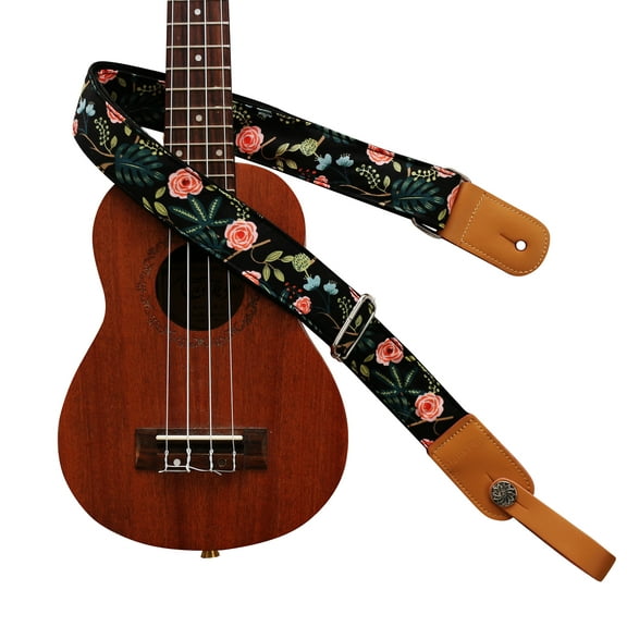 MUSIC FIRST Original Design “Dark Night Garden” Soft Muslin & Genuine Leather Ukulele Strap Ukulele Shoulder Strap With a MUSIC FIRST Genuine Leather Strap Locker
