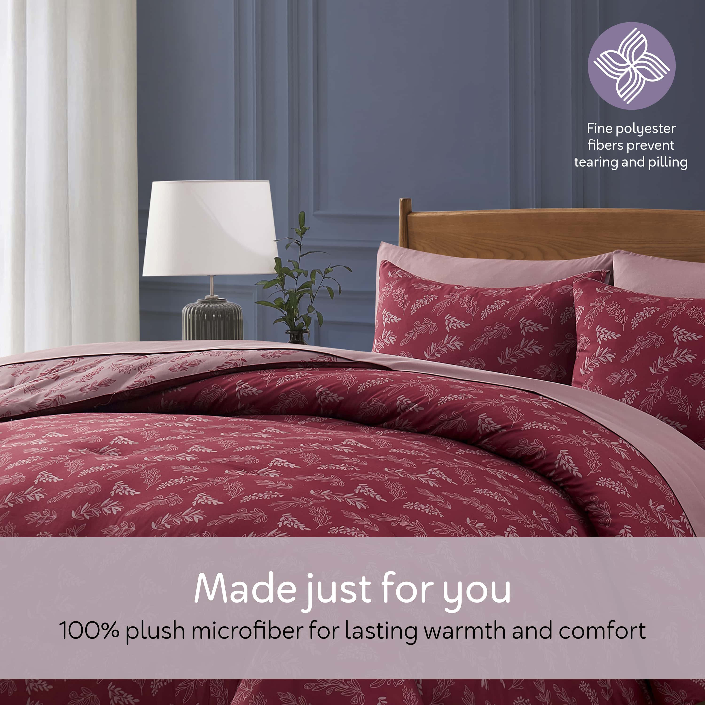 LammaLoe Queen Comforter Set, 7 Piece Botanical Bed in a Bag, Reversible Bedding Comforter Set with Sheets, Modern Queen Bed Set, Mulberry/Smoky Lavender