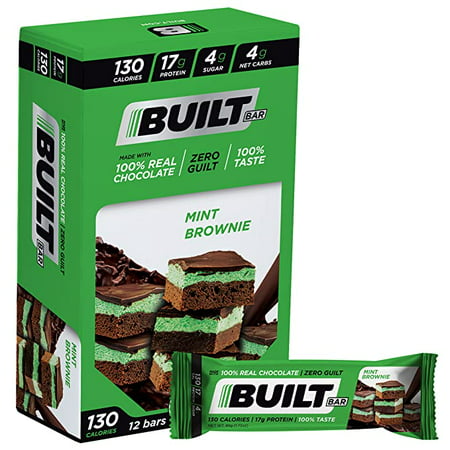 Built Bar 12 Pack High Protein and Energy Bars - Low Carb Low Calorie Low Sugar - Covered in 100% Real Chocolate - Delicious Healthy Snack - Gluten Free (Mint Brownie)