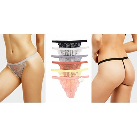 2 Piece Sheer Panties - 6 Pack of Women Sheer Sexy Floral Lace Thong Panties Underwear Several Colors