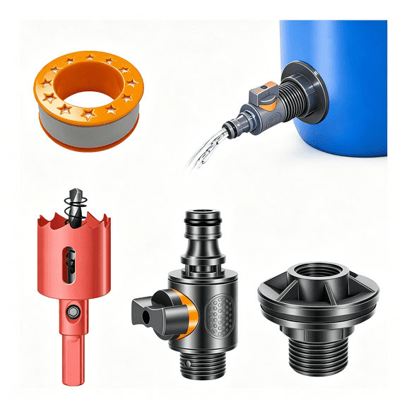 ZHZFKQ Rain Barrel Spigot Kit 3/4" Ght Quarter Turn Ball Valve with Head Fitting,Brass Faucet & 32Mm Hole Saw for Water Containers & Garden Rainwater Tanks (Plastic)