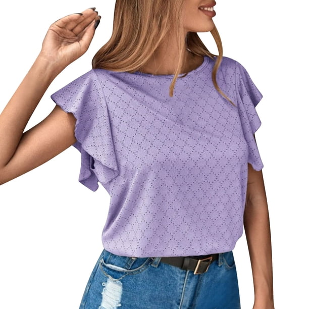 Gibobby Playera Corte clásico para Mujer Nueva camiseta informal manga corta con manga hueca europea y americana para mujer(Morado,M)