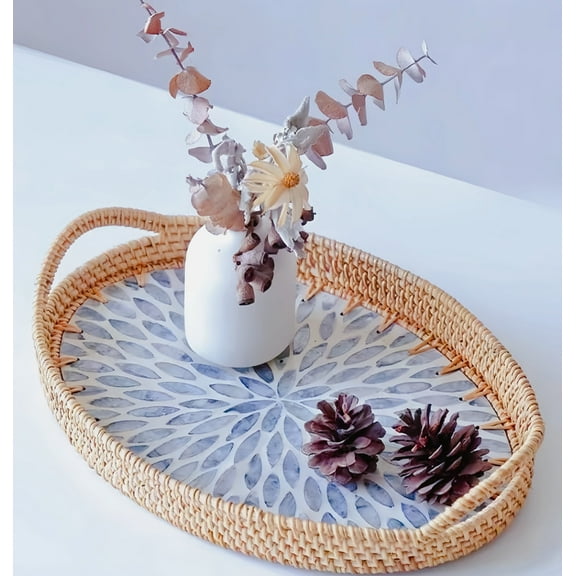 MEHOOM Rattan Shell Serving Tray with Handles, 12"x 8"