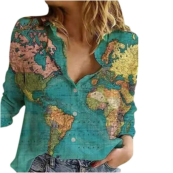 DEBGFS 2023 Clearance 3D T Shirt Womens Linen World Map Printed T-Shirt Funny Long Sleeves Tops Graphic Button Down Blouse Tee,bblue,xxxl