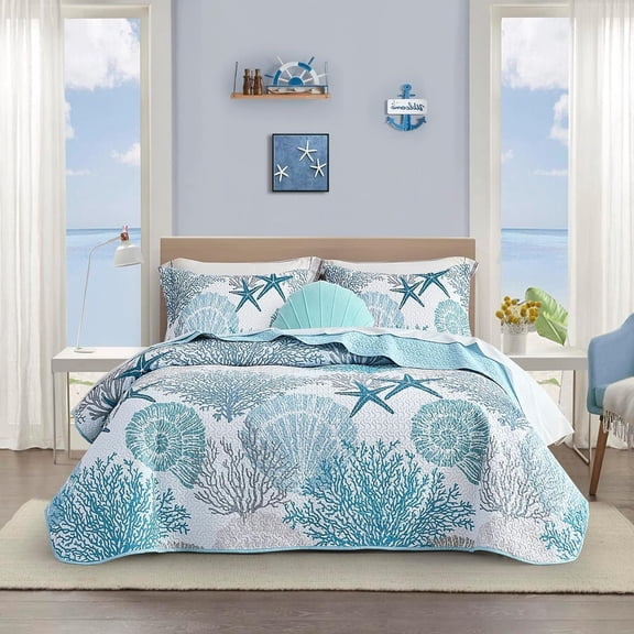 SIRIA 3 Piece Coastal Quilt Sets Full/Queen Size-Reversible Microfiber Quilts with 2 Shams Soft Lightweight Beach Bedding Nautical Bedspread Coverlet Summer Comforter for All Season,90''X96'',C1