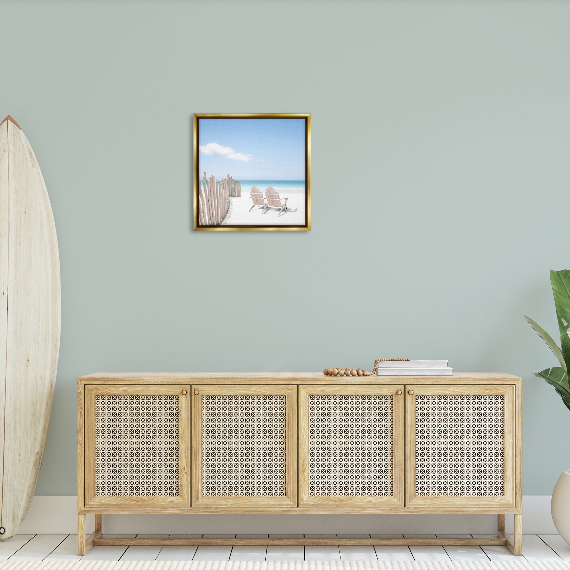 Stupell Industries Minimal Beach Chairs View Landscape Painting Gold Floater Framed Canvas Art Print Wall Art, 25 x 25