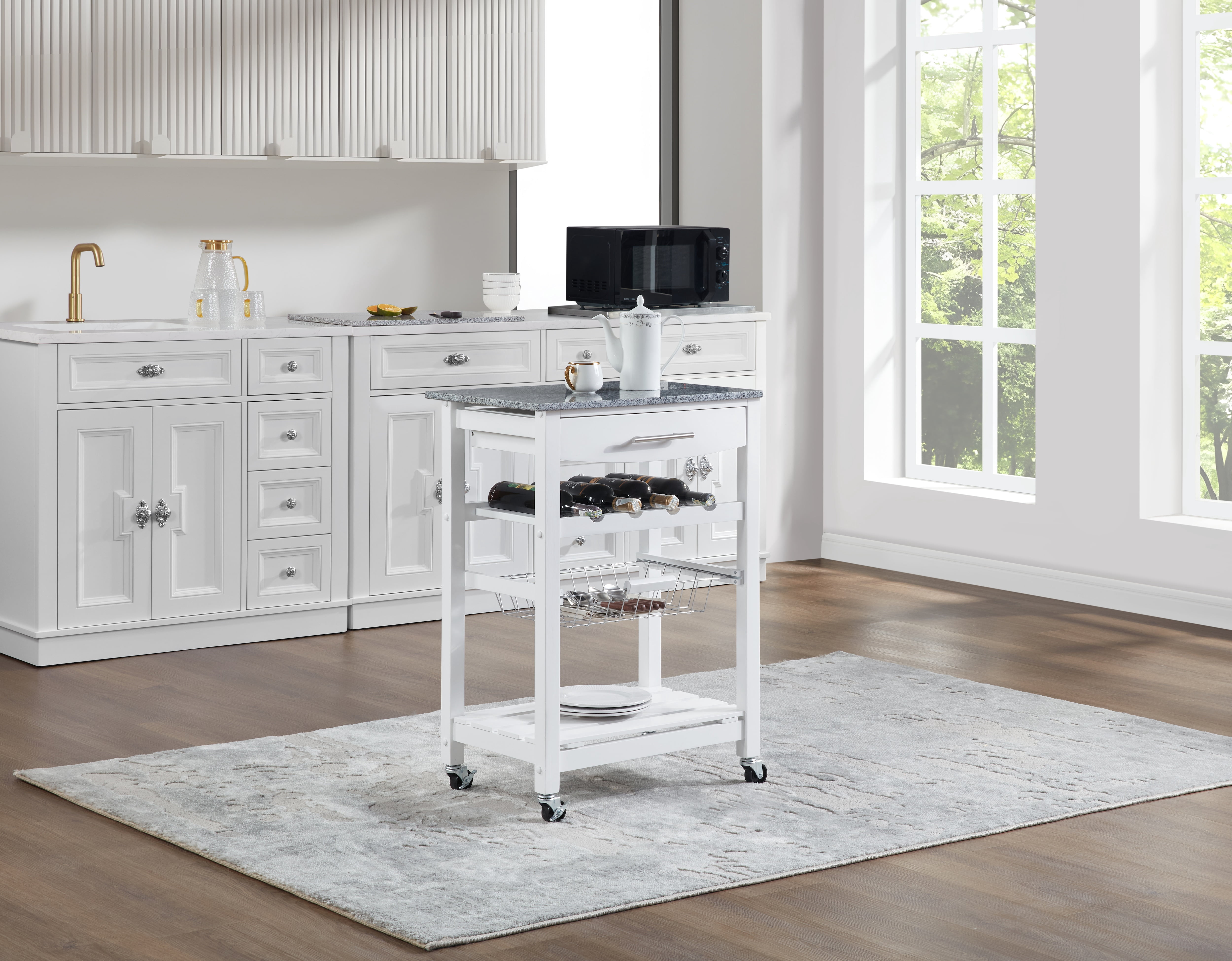 MAYEERTY Mobile Rolling Kitchen Island with Marble Top, Drawer & Storage Basket
