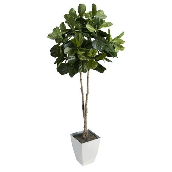 D & W Silks 7' Fiddle Leaf Fig Tree in White Square Metal Planter