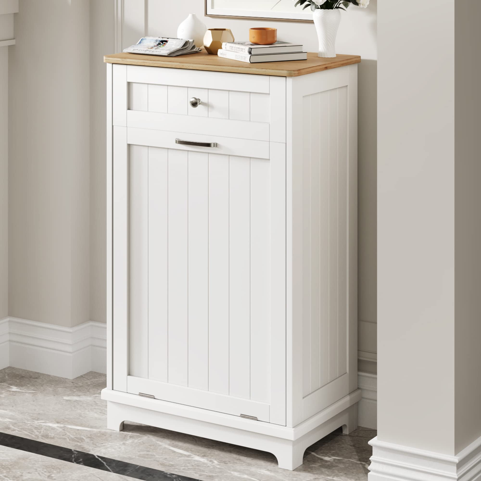 VINGLI White Farmhouse Wood Tilt Out Trash Cabinet with Drawer and