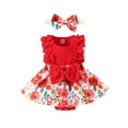 thumbnail image 2 of Lilgiuy Baby Girl Easter Outfit Cute Floral Print Round Neck Ruffles Sleeve Stripe Lace Patchwork Romper Dress Summer Clothes for Family Gathering (Red,6-9 months), 2 of 5