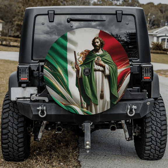 Lotusprinthandmade Mexican Flag St. Jude Spare Tire Cover With Backup Camera Hole 6 Sizes (27 in.)