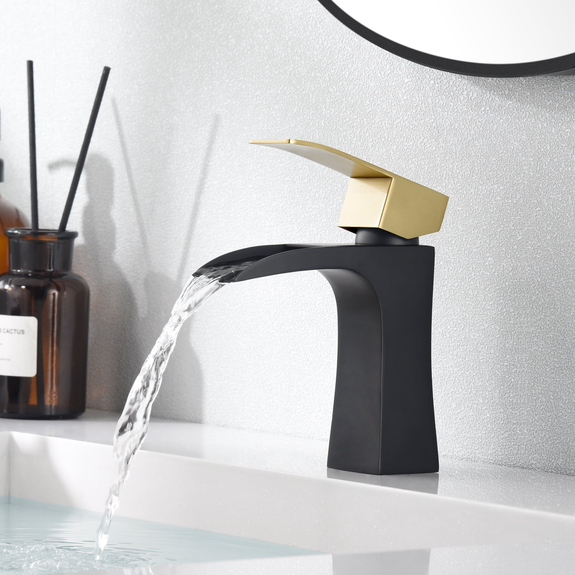 SUMERAIN Waterfall Bathroom Faucet Single Handle Single Hole Black and Gold Bathroom Sink Faucet Stainless Steel