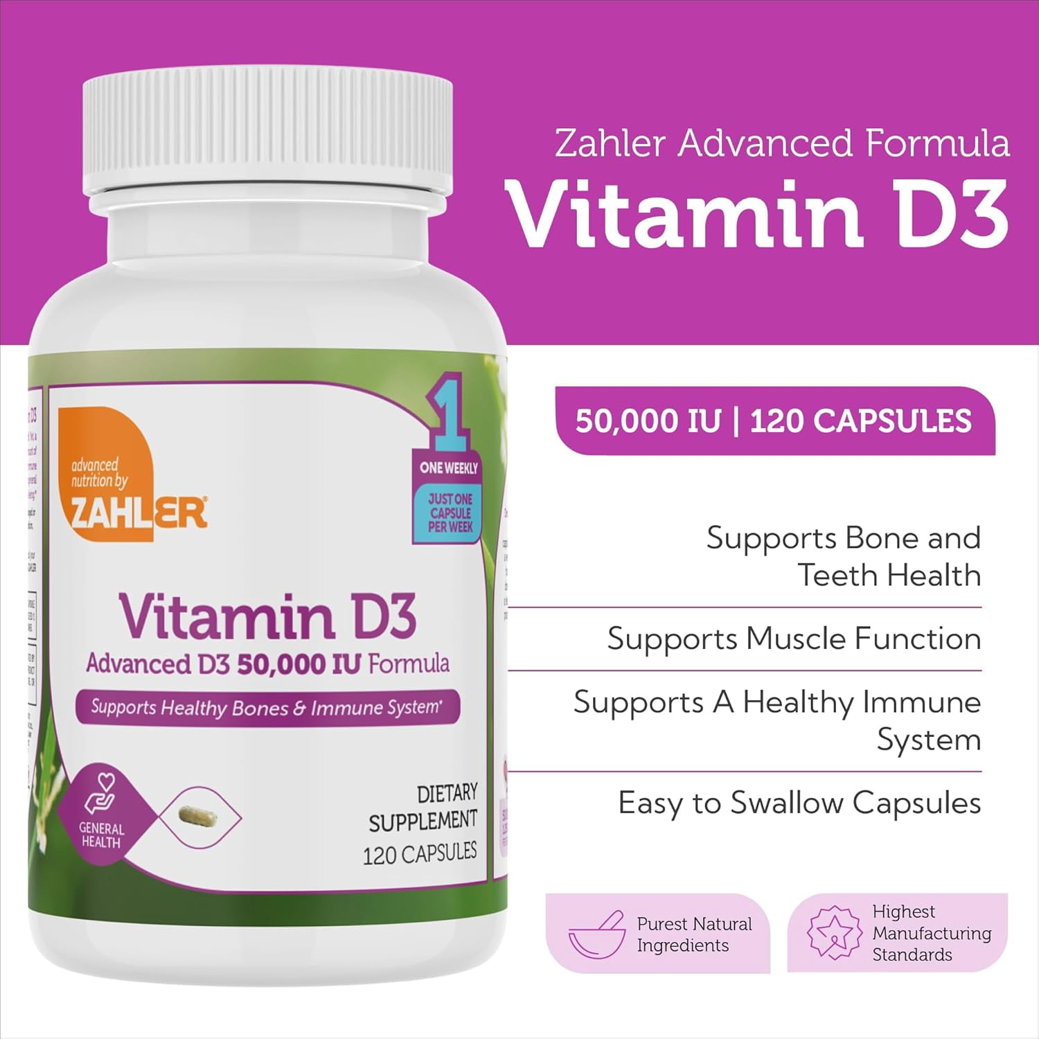 Zahler Vitamin D3 50,000 IU, 120 Capsules, Advanced D3 Formula, Immune Support, Bone & Muscle Health, High Potency Vitamin D Supplement
