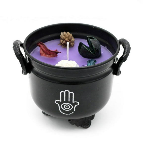 Soul Sticks 4" Hamsa Hand Metal Cauldron Lavender Scented Candle with Dried Flowers with Handle Reusable for Spells, Smudging, Rituals & Blessings