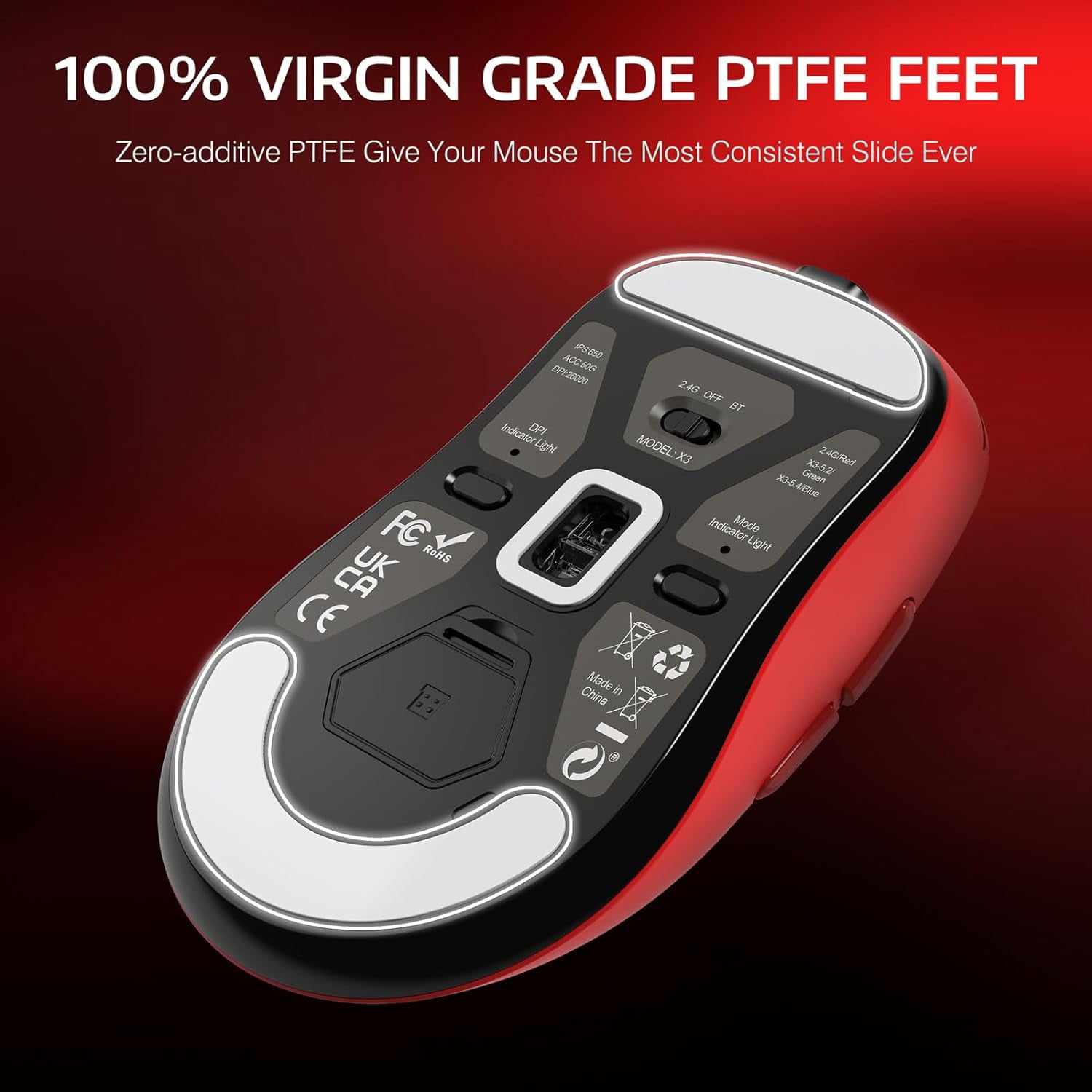 ATTACK SHARK X3 49g SUPERLIGHT Mouse, PixArt PAW3395 Gaming Sensor, BT/2.4G Wireless/Wired Gaming Mouse, 6 Adjustable DPI up to 26000, 200 Hrs Battery, G502, Office Mice for Win11/Xbox/PS/Mac (Red)