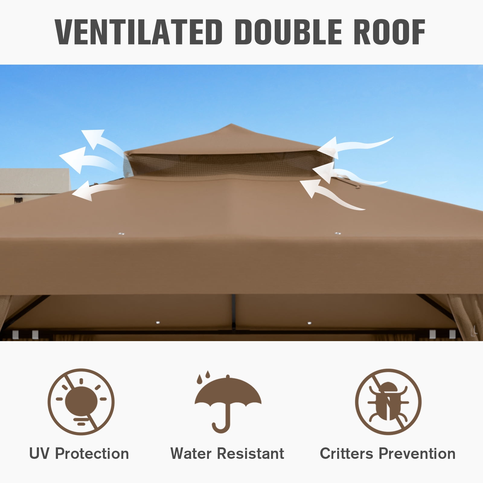 COOS BAY 8 ft. W x 8 ft. D Brown Outdoor Patio Soft Vented Top Gazebo with Zipped Netting, Corner Shelves, Ceiling Hook