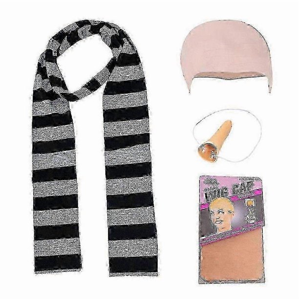 4pcs Despicable Me Gru Cos Kits Fake Nose Bald Cap Halloween Costume Accessories Black Gray Striped Scarf Cospl