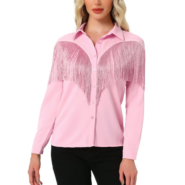 CAMISAS DE FRINGE PARA MUJER CHIC DE MANGA LARGA, CON BOTONES, ESTILO COWGIRL, COLOR ROSA BRILLANTE, TALLA XL