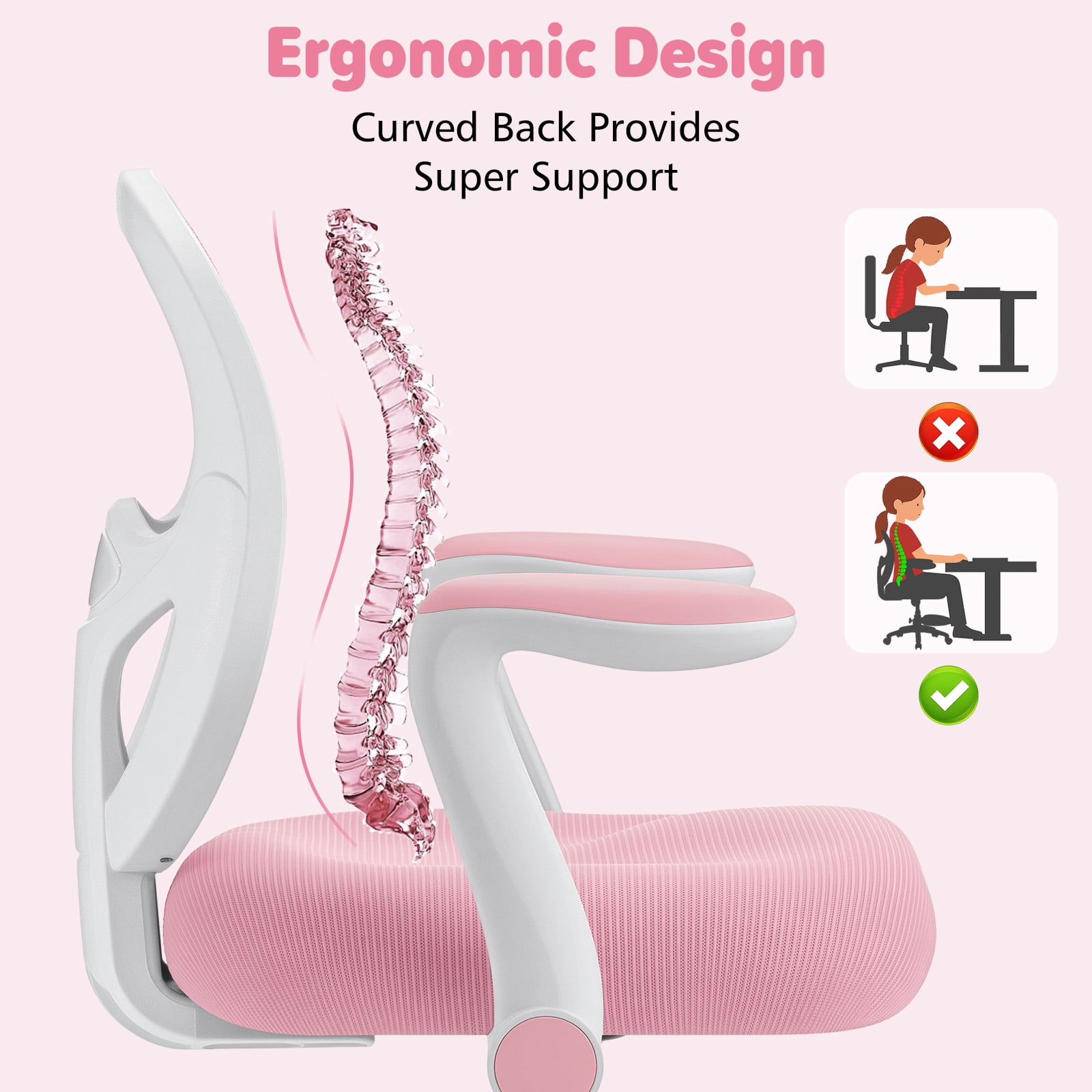 Hoffree Kids Desk Chair with Flipped Arms Wheels Ergonomic Study Chair with Footrest Adjustable Height Rolling Desk Chair for Teens Boys Girls in Study Room Pink