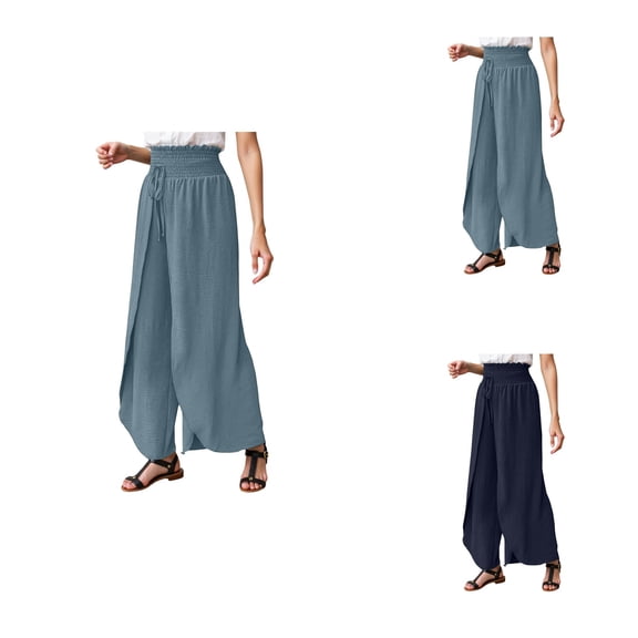 Elegant Palazzo Pants, Women's High Waisted Slit Hem Linen Trousers, Lightweight Flowy Boho Beach Style Summer Wide Leg Casual Pants