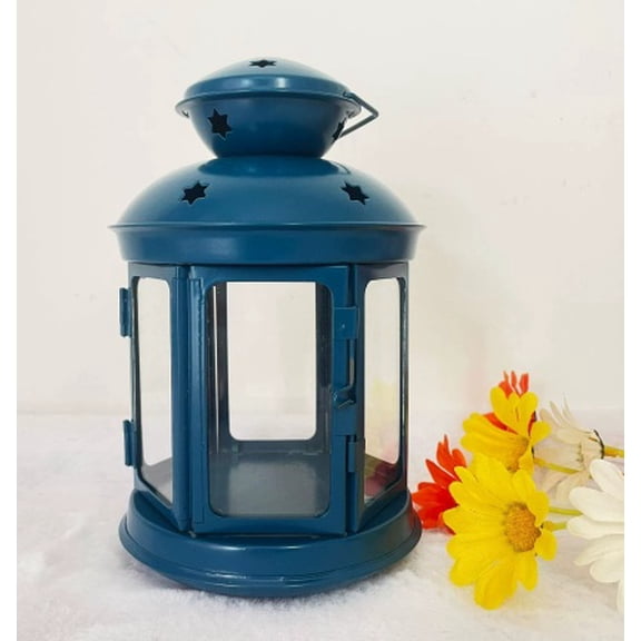 Lake Blue Wrought Iron Openwork Star Lantern Candlestick - Elegant European Style Home Decor