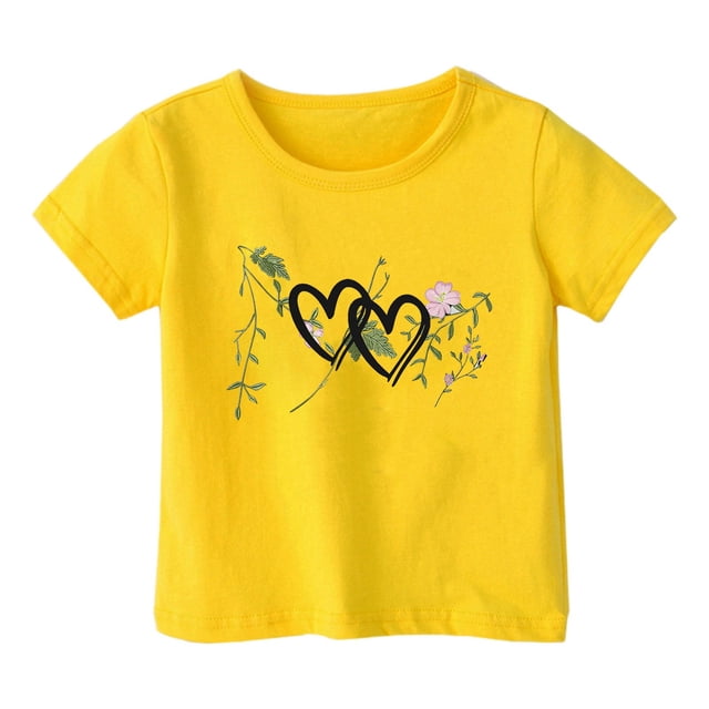 PMVFHDE Hauts à Manches Courtes pour Filles T-Shirts Amples Basiques Hauts Tendance pour Filles Mode Décontractée Imprimé Col Rond T-Shirt Manches Courtes Jaune, 6-7 Ans