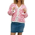 thumbnail image 2 of Women'S Fuzzy Leopard Print Sweater Long Sleeve Lace-Up Knit Crochet Long Sleeve Cardigan Pink XL, 2 of 9