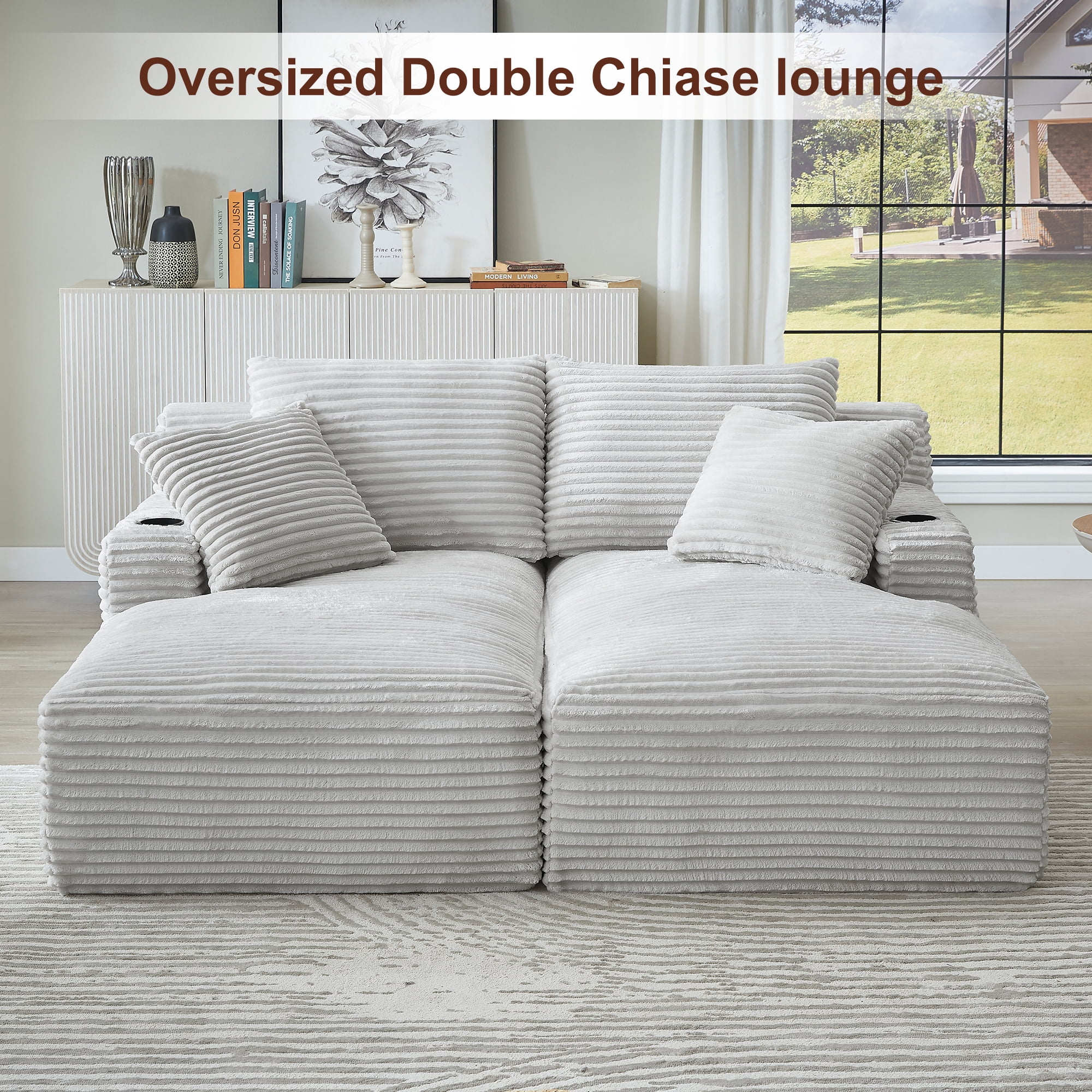 GNIXUU 70.9" Oversized Double Chaises Lounge, Indoor Boneless Sofa, Corduroy Loveseat with Cupholders & Storage Pockets, Comfy Sectional Cloud Couch Sleeper Sofas Bed for Living Room,Beige