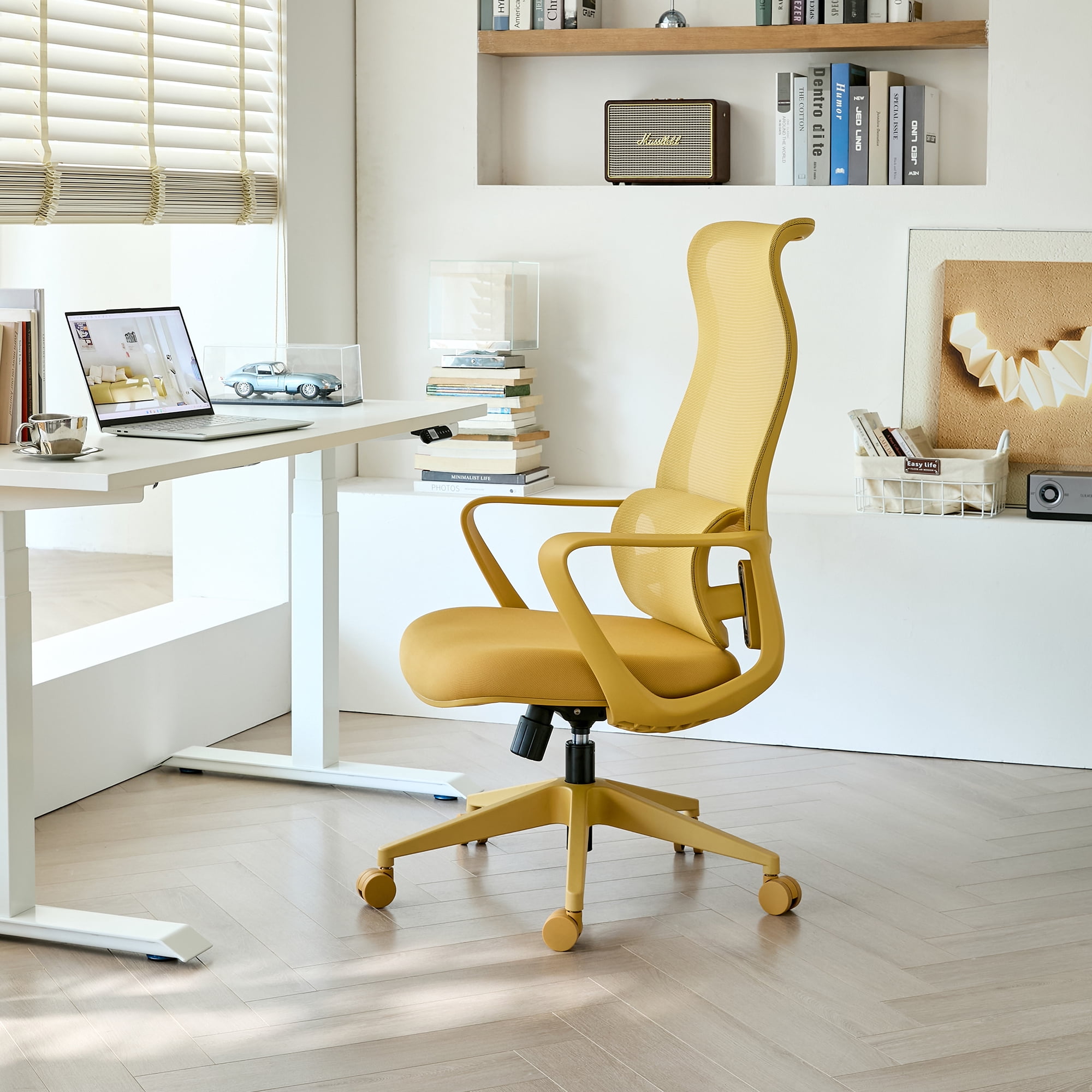 Office Chair, 350LBS Home Mesh Breathable High Back, With Adjustable Lumbar Support Computer Chair, Integrated Molded Foam Seat Cushion, Fireproof (Yellow)