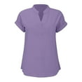 thumbnail image 5 of QQAMB Women's T-Shirts Cotton Linen V-Neck Solid Color Short Sleeve Summer Lightweight Casual Loose Tops Purple 2XL, 5 of 5