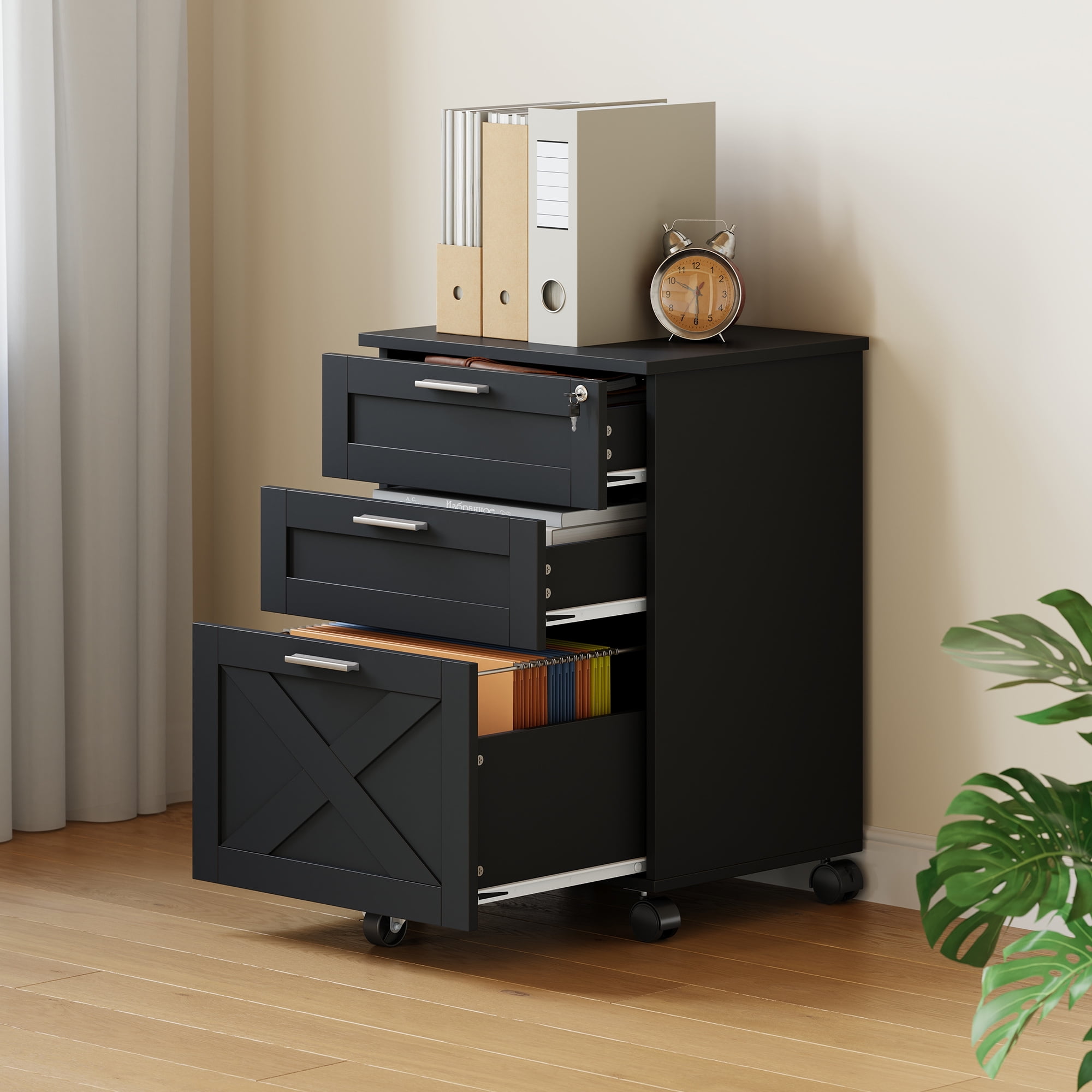 Ataucjin 3-Drawer Rolling File Cabinet with Lock,Wooden Mobile Filing Cabinet for Home Office,Under Desk Storage Organizer fits Letter/A4/Legal Size, Sturdy Printer Stand with Locking Casters