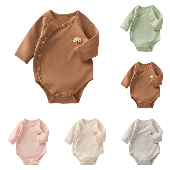 TGPMGRZ Baby Romper Side Open Long Sleeve Bodysuit Cotton Solid Cute Boys Girls Clothes Beige 0-1 Months