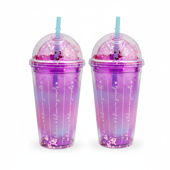 Set 2 Vasos Doble Pared con Popote y Tapa Domo Love Rosa 500 ml
