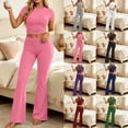 thumbnail image 5 of Womens 2 Piece Lounge Set Short Sleeve Crop Top Wide Leg Flare Pants Matching Pajamas Set Cozy Stretchy Y2k Sleepwear Casual Daily Outfit, Pink, M, 5 of 9
