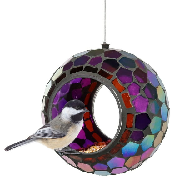 Sunnydaze Mosaic Glass Fly-Through Hanging Bird Feeder, 1-Cup Capacity, Purple