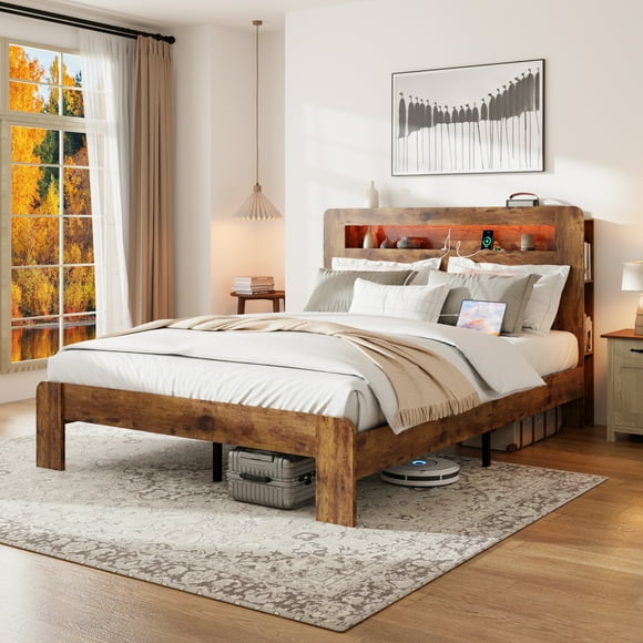 Lit de plateau en bois Noble House Queen, avec dossier amont et rangement, lumière LED et station de charge, support en lames métalliques, couleur brune