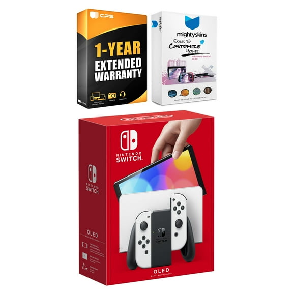 Nintendo Switch White OLED Console with MightySkins Console and Controller Skin Voucher and 1 Year CPS Extended Warranty