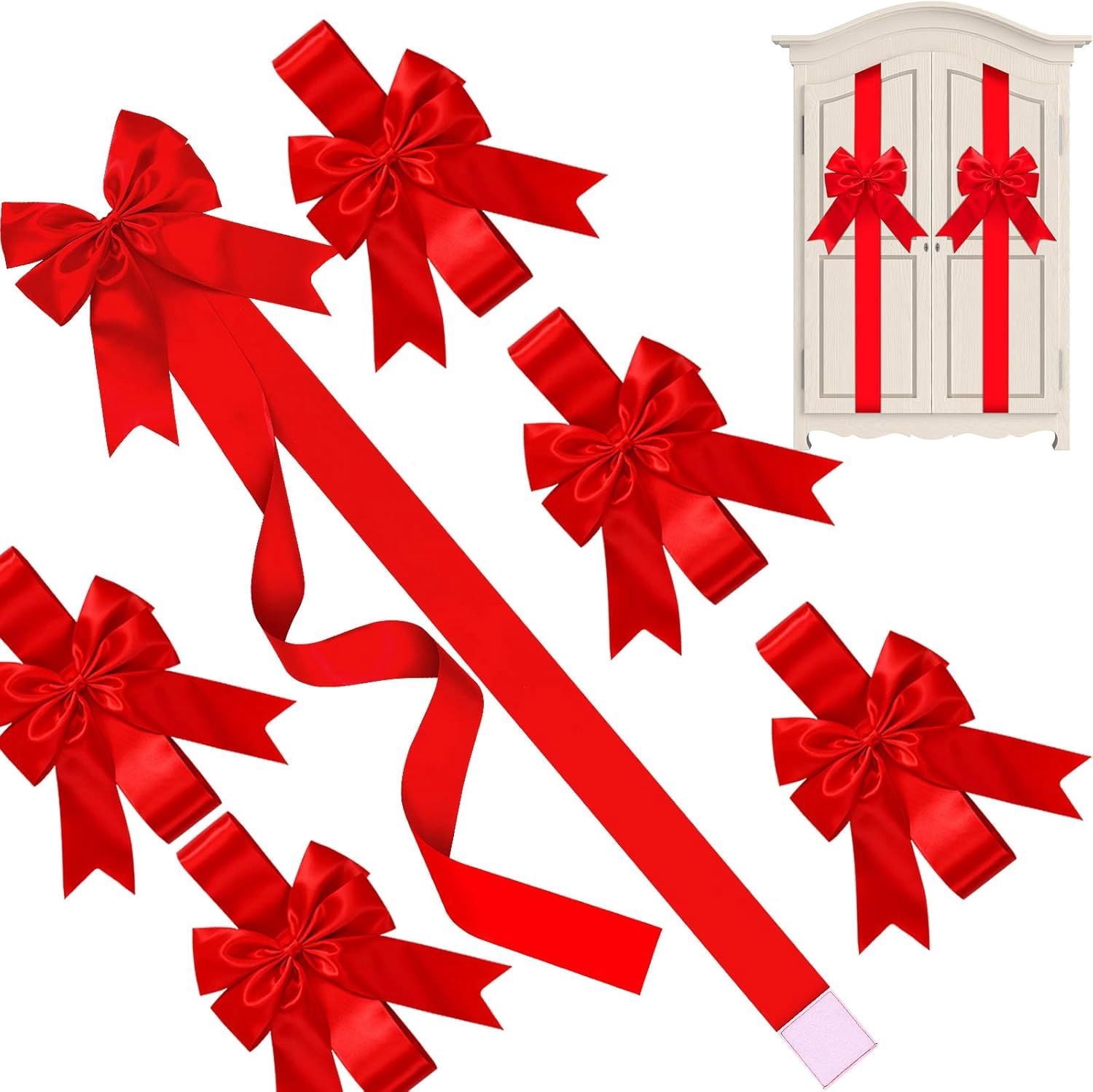 8 Pcs Christmas Cabinet Ribbons Bows for Kitchen 78.8 Inch Red Large Christmas Door Ribbon Cabinet Bows for Gifts Xmas Tree Home Wall Furniture Party Decorations