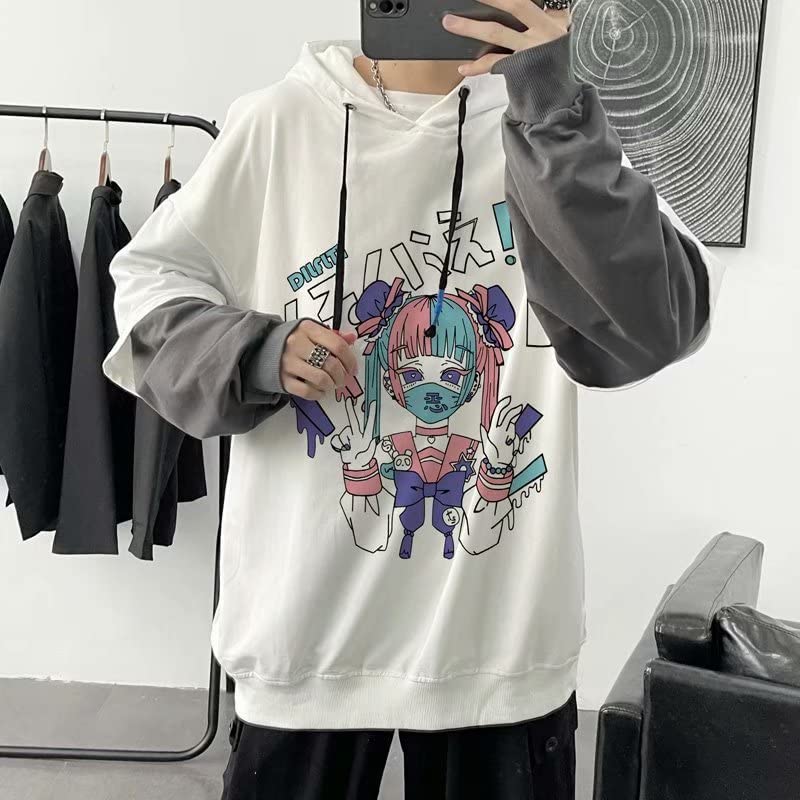 CoCopeaunt Men Y2K Harajuku Hoodie Kawaii Japanese Manga Aesthetic Fake Two  Piece Sweatshirt Anime Preppy Oversize Cute Pullover Tops 