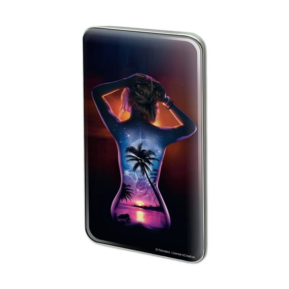 Tropical Sunset Paradise on Woman's Back Metal Rectangle Lapel Hat Pin Tie Tack Pinback